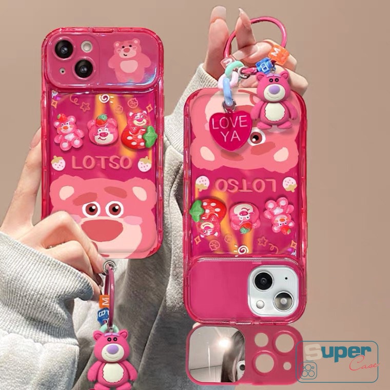 Casing Case Kartun Kompatibel Untuk iPhone 7Plus XR 11 Pro Max7 8 14 Plus 14 12 13 Pro MAX X XS MAX SE 3D Flip Make Up Cermin Beruang Strawberry Lucu Manyo Mainan Shockproof Soft Cover