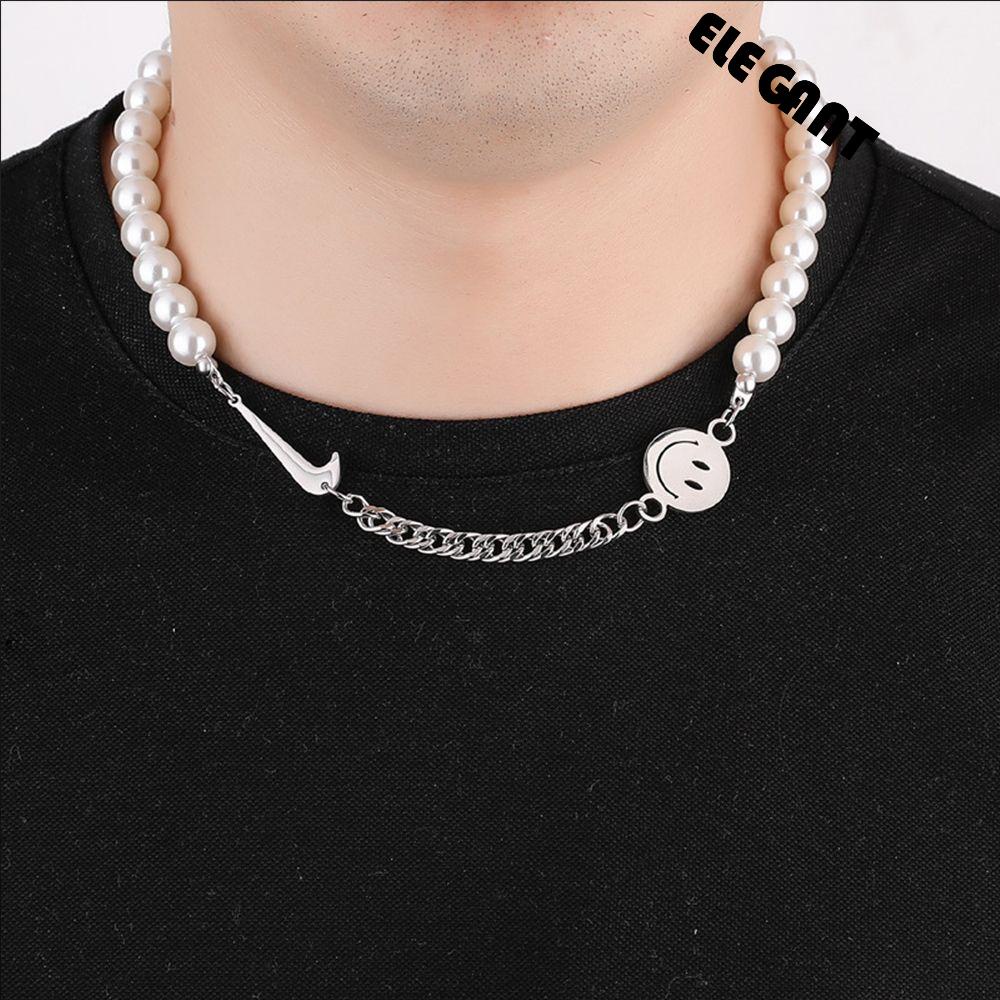 [Elegan] Splicing Mutiara Kalung Trendi Sederhana Wanita Smiley Face Hip-Hop Detak Sweater Rantai