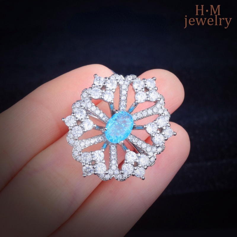 Ringan Mewah Retro Aquamarine Bunga Cincin Es Bunga Potongan Micro-Hias Berlian Penuh AAA Zirkon Kaya Bunga Ornamen