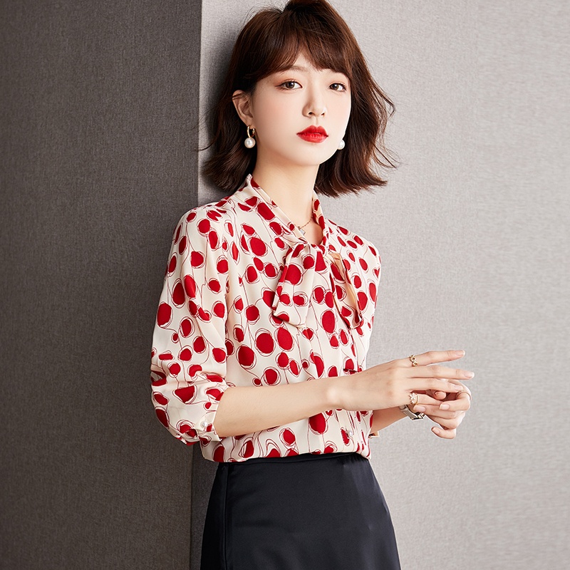 High Quality Fabric Fashion Korean Style Bow Tie Blouse for Women Long Sleeve Blouses Work Casual Blus Lengan Panjang Wanita