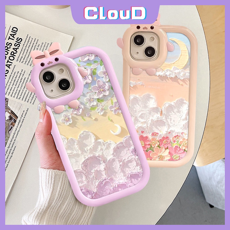 IPHONE Dicat Lukisan Minyak Bunga Bulan Telepon Case Kompatibel Untuk Iphone11 13 14 12 Pro Max 7Plus X XR XS Max 6s 14 8 7 6 Plus SE 2020 Lucu 3D Ikatan Simpul Kecil Lensa Monster Lembut Cover Tpu