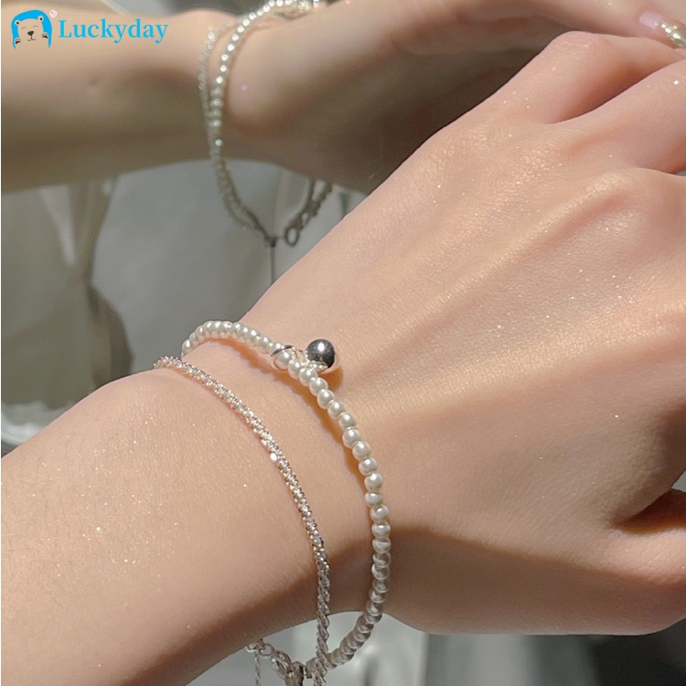 Yeezii Blingbling Gelang Ganda Untuk Wanita Manik-Manik Mutiara Gelang Perak Aksesoris Elegan Perhiasan