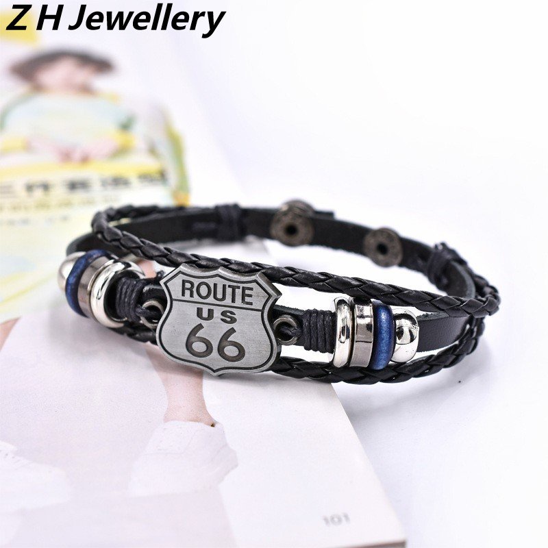 [Z H Perhiasan] Vintage Route66 Ibu Jalan Manik-Manik Gelang Kulit Fashion Pria Dan Wanita Anti Karat Multilayer Gelang Punk Pesta Rock Perhiasan Aksesoris