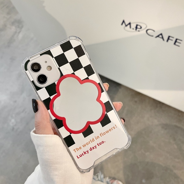 [Anti Jatuh Cermin] Pretty Makeup Silikon Soft Case IPhone 6S 7 8 Plus X XR XS Max IPhone 11 12 13 14 Pro Max 14 Plus 7 +8+12 13 mini Wanita Gadis Ins Fashion Cek Hitam Dan Putih