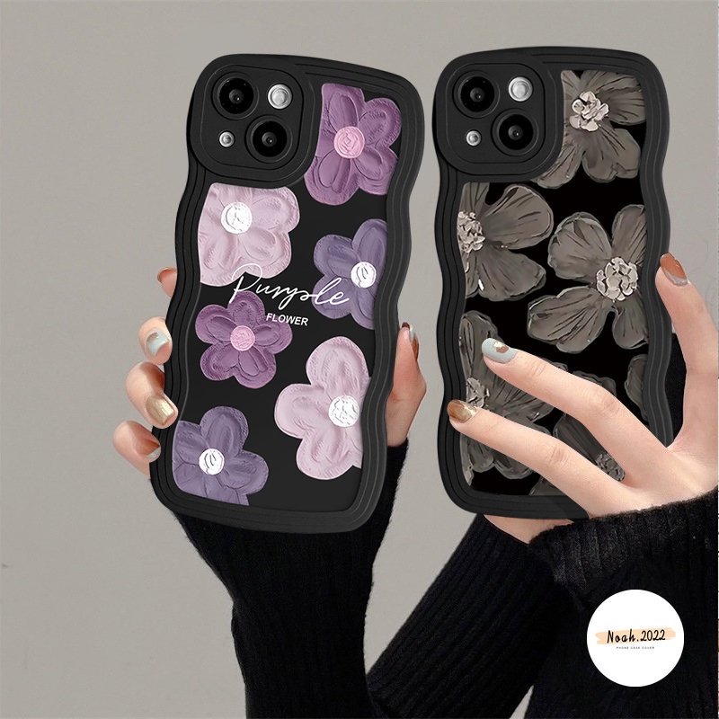 Casing Tpu Tepi Bergelombang Bunga Segar Kompatibel Untuk iPhone 7Plus 8Plus 11 Pro Max12 14 13 Pro Max 7 6s 8 6 Plus XR XS X Max SE 2020art Fashion Cat Minyak Hitam Ungu Floral Soft Cover