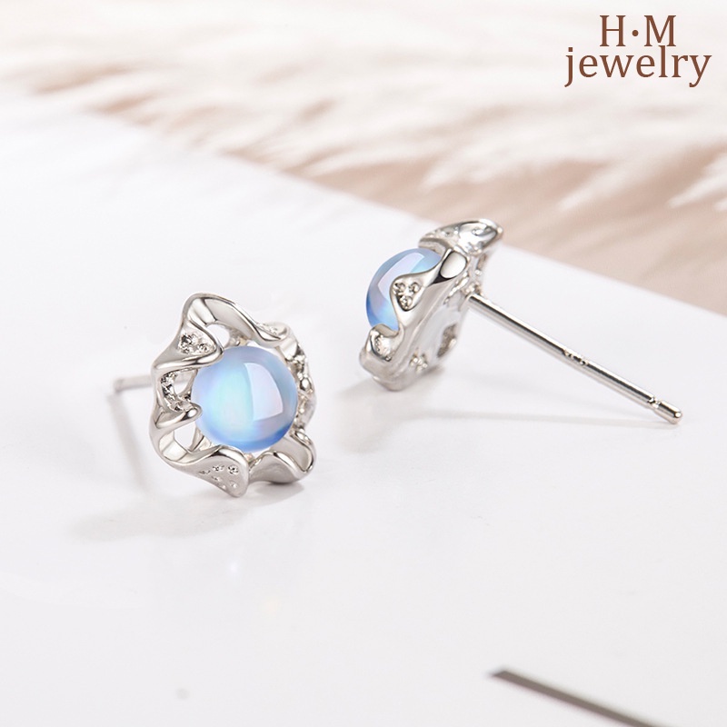 S925 Perak2023Baru Trendi Tidak Teratur Moonstone Renda Anting Pejantan Retro Elegan Bermutu Tinggi Anting-Anting