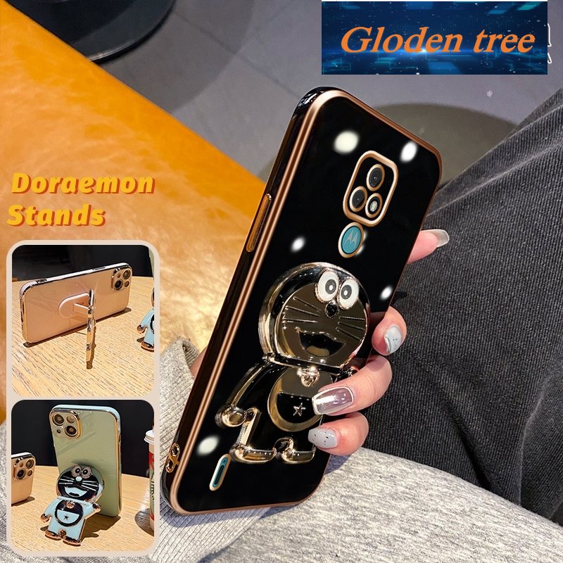 Gloden tree Casing Untuk Motorola E7 Plus E7 Power E6s 2020 Case Fashion Kartun Doraemon Lipat Stand Phone Case Electroplating Shockproof Phone Holder Case