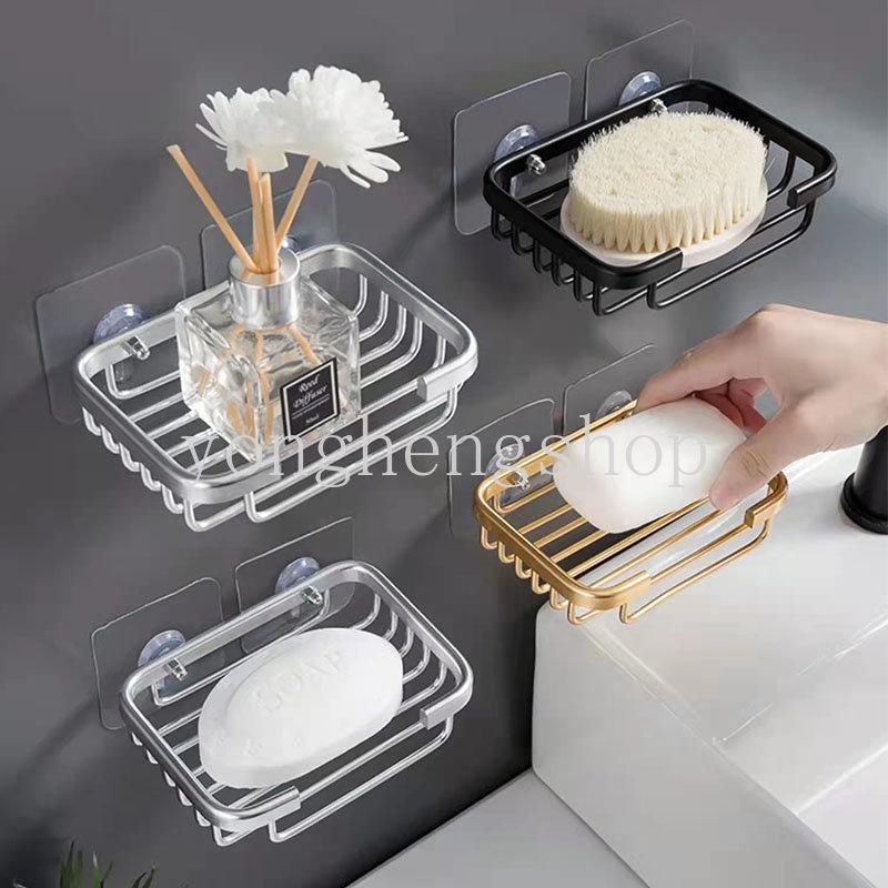 Tempat Sabun Yang Dipasang Di Dinding Bebas Pukulan Dish Aluminium Drain Soap Box Rak Penyimpanan Dapur Kamar Mandi Soaps Sponge Tray Home Organizer Shelves