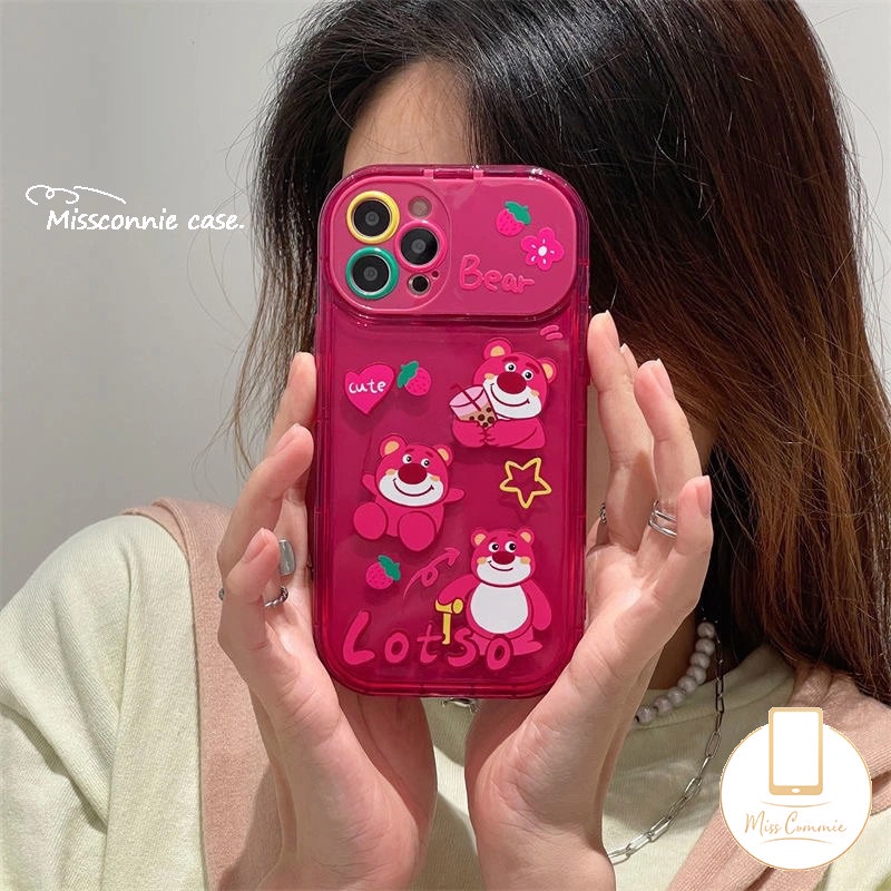 Flip Make Up Mirror Case Untuk Oppo A57 A12 A7 A15 A15s A3s A5s A53 A9 A5 A31 A33 2020 A77 A35 A77S A11K Rose Red Kartun Lucu Strawberry Bear Manyo Shockproof Soft Phone Cover