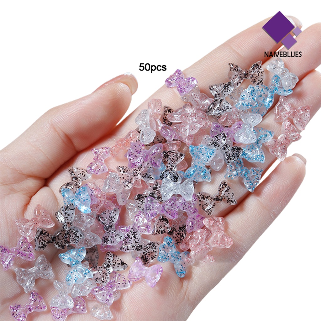 [naiveblues] 50pcs/set Kuku Busur Ornamen Aurora 3D Resin Manicure Ikatan Simpul DIY Berlian Imitasi Mempercantik