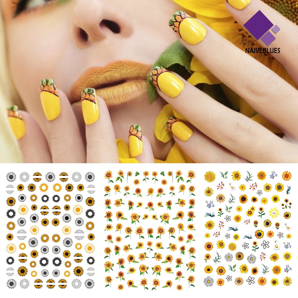 [naiveblues] Stiker Kuku Bentuk Bunga Matahari Efek 3D Ultra Tipis Floral Nail Art Decals Untuk