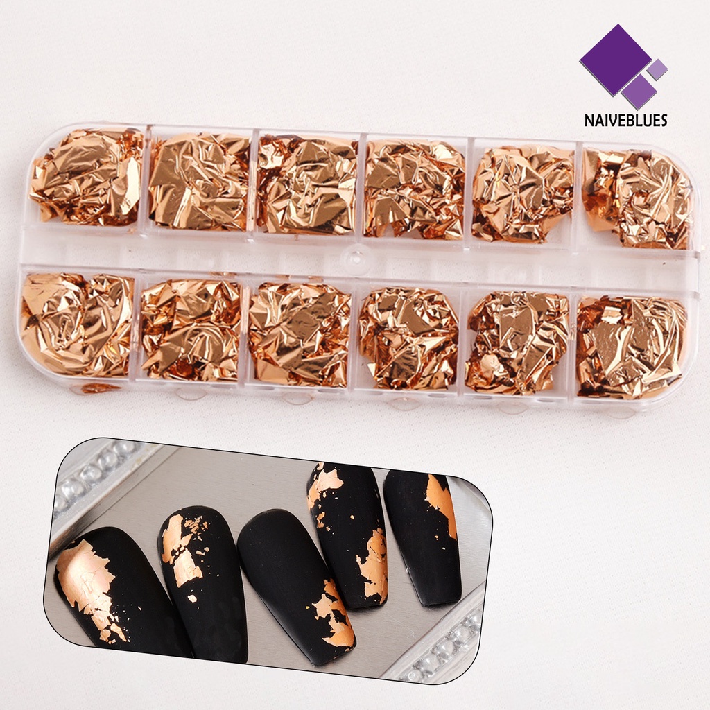 [naiveblues] 12grids/box Manicure Foil Decal Anti Luntur Multifungsi Nice-looking Nail Foil Warna Emas Untuk Wanita