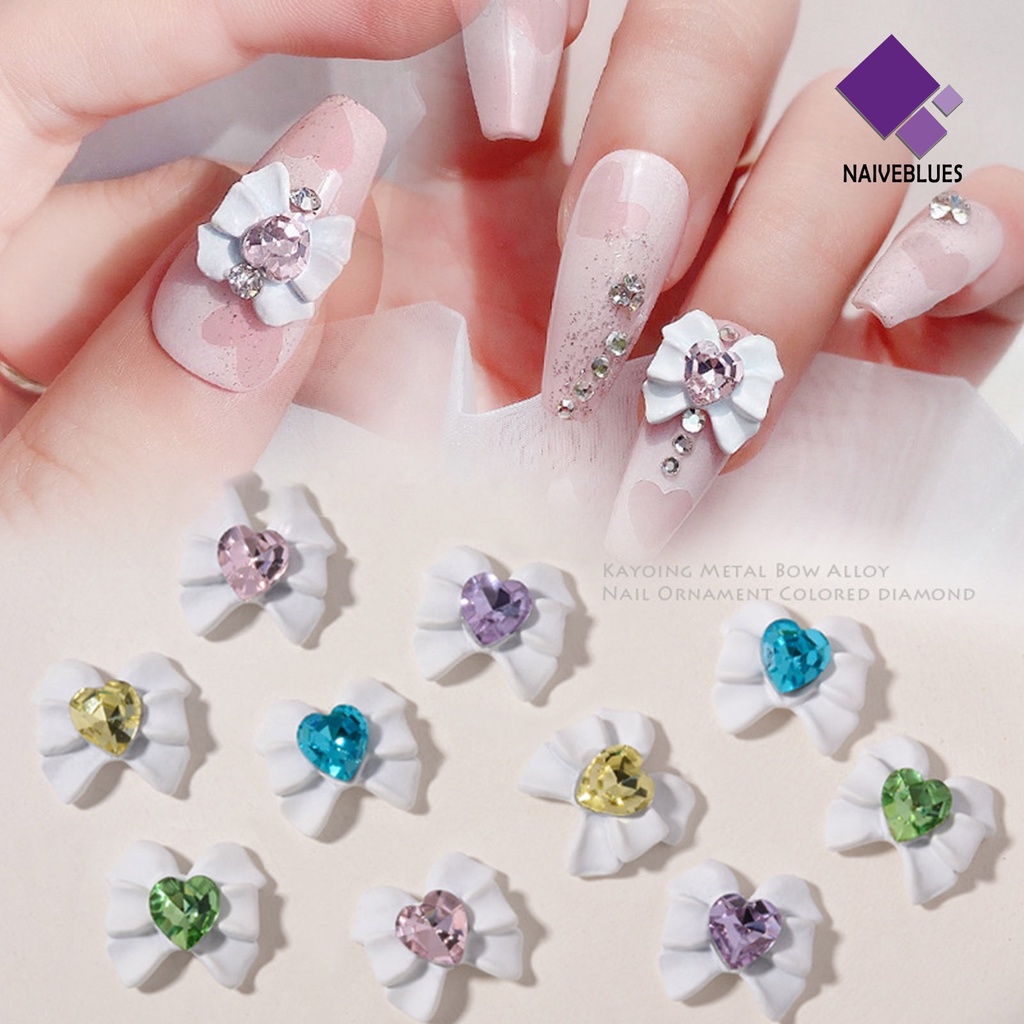 [naiveblues] 2 Pcs Kuku Berlian Imitasi Indah Busur Cinta Hati Pesona Nail Art Charms Jewelry Untuk