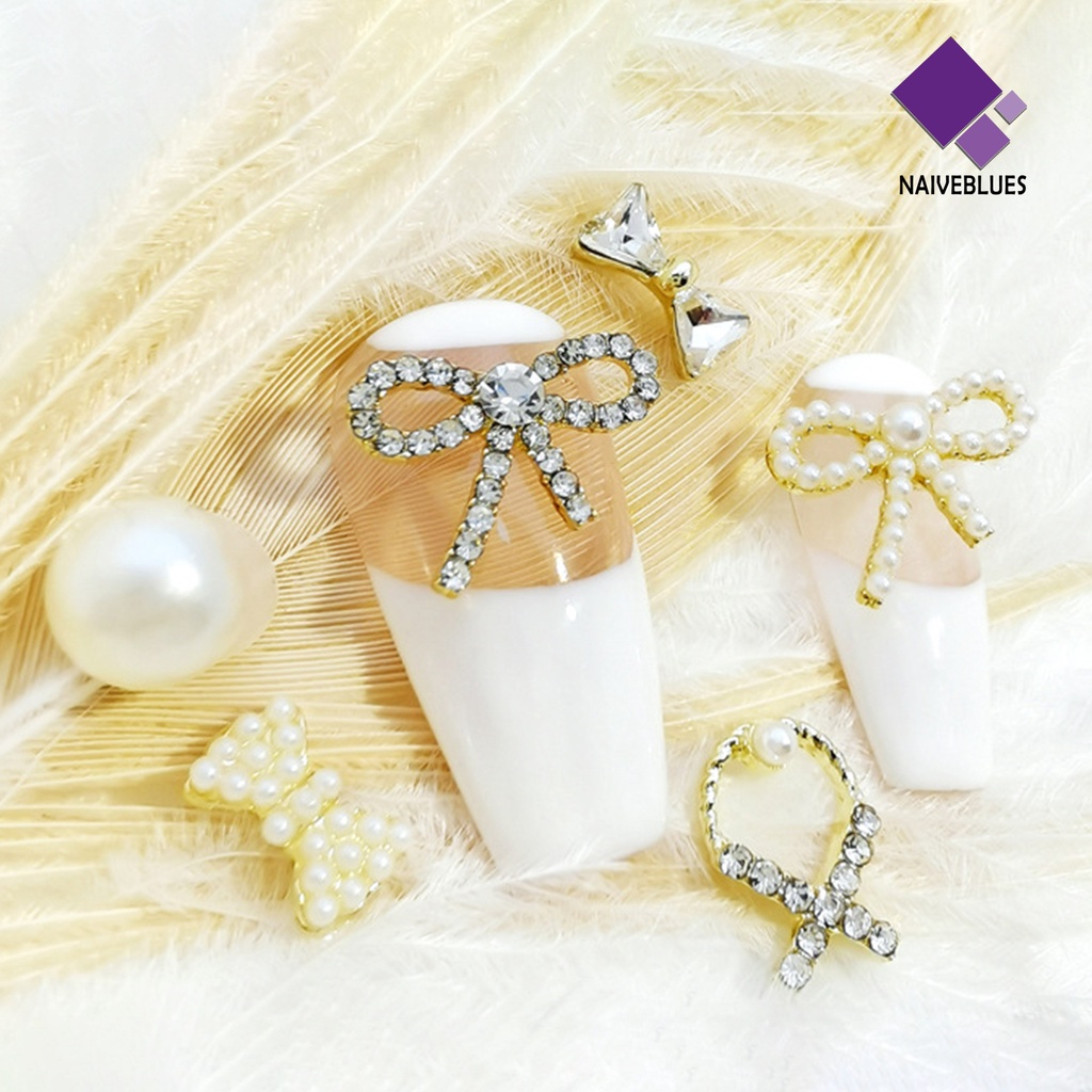 [naiveblues] 10pcs Nail Art Jewelries 3D Bentuk Busur Berlian Imitasi Mutiara Dekorasi Kuku Untuk