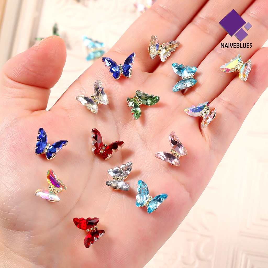 [naiveblues] 10pcs Nail Art Decor Bersinar Tiga Dimensi Gloss Tidak Luntur Kristal Imitasi Manicure Butterfly Nail