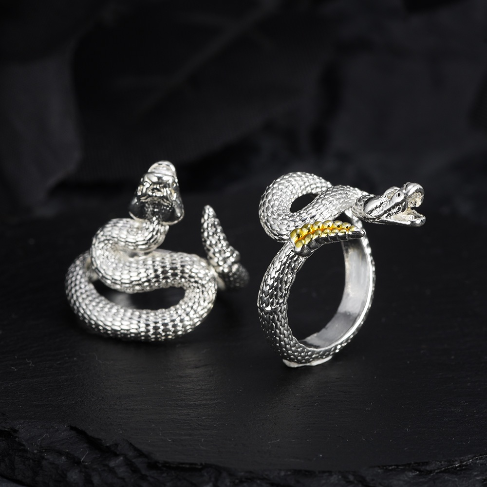 Gothic Rattlesnake Pasangan Adjustable Rings/Wanita Pria Vintage Bentuk Ular Jari Rings Punk Pesta Perhiasan