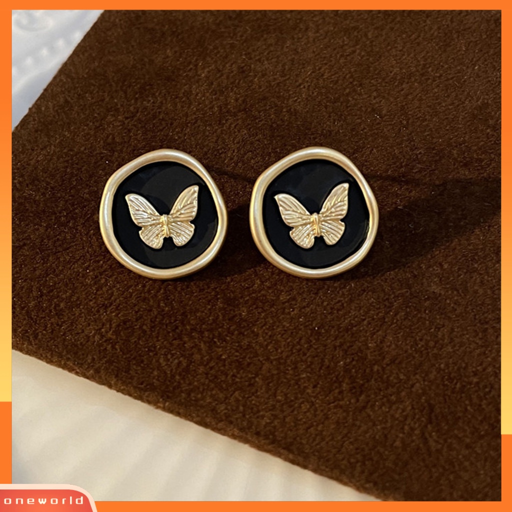 [EONE] 1pasang Ear Studs Retro Gaya Perancis Menjatuhkan Minyak Tidak Teratur Bulat Hadiah Kepribadian Hitam Emas Kupu-Kupu Wanita Anting-Anting Fashion Perhiasan