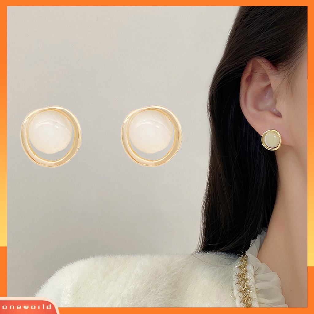 [EONE] 1pasang Anting Wanita Opal Shiny High-polished Menghias Perhiasan Wanita Bulat Mata Kucing Earrings Ladies Accessories