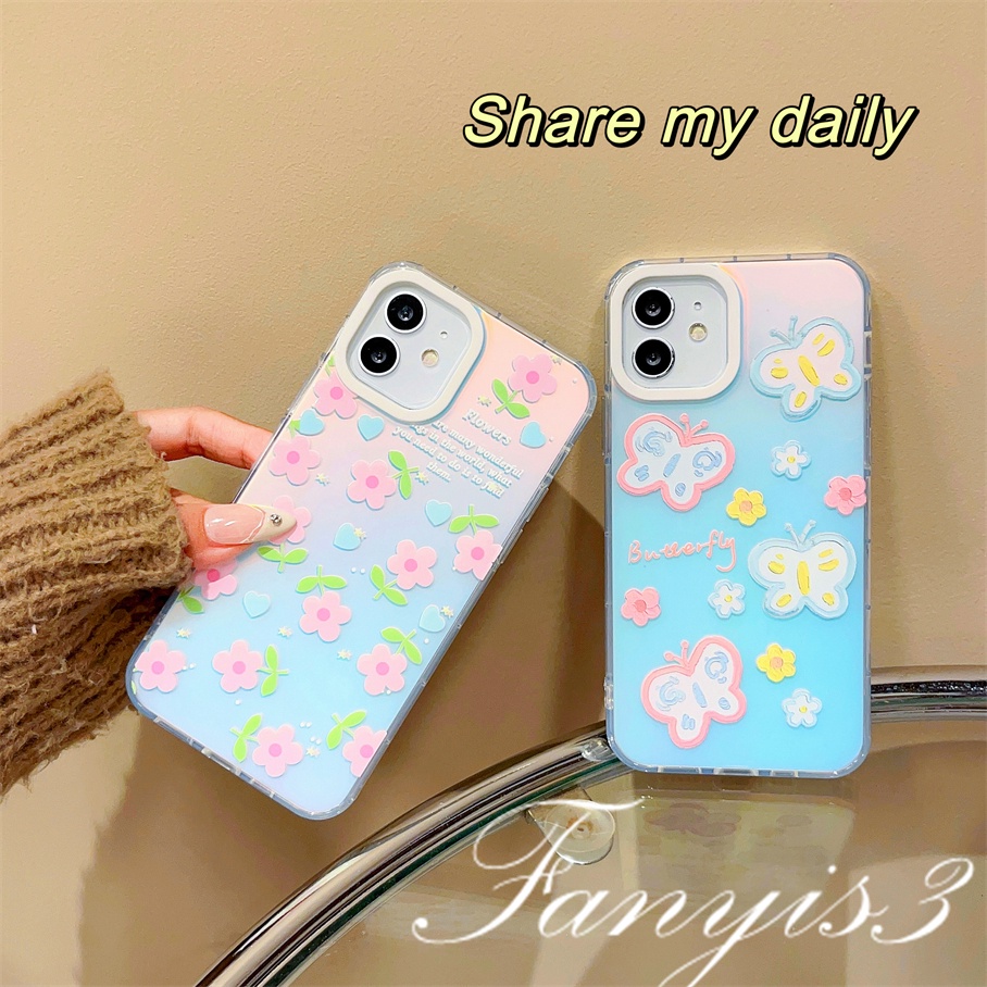 Compatible For IPhone 14 13 12 11 Pro Max X XR Xs Max 8 7 Plus SE 2020 Kompatibel Untuk Little Flower Butterfly IMD Laser Gradient Phone Case TPU Lembut Shockproof Cover Pelindung