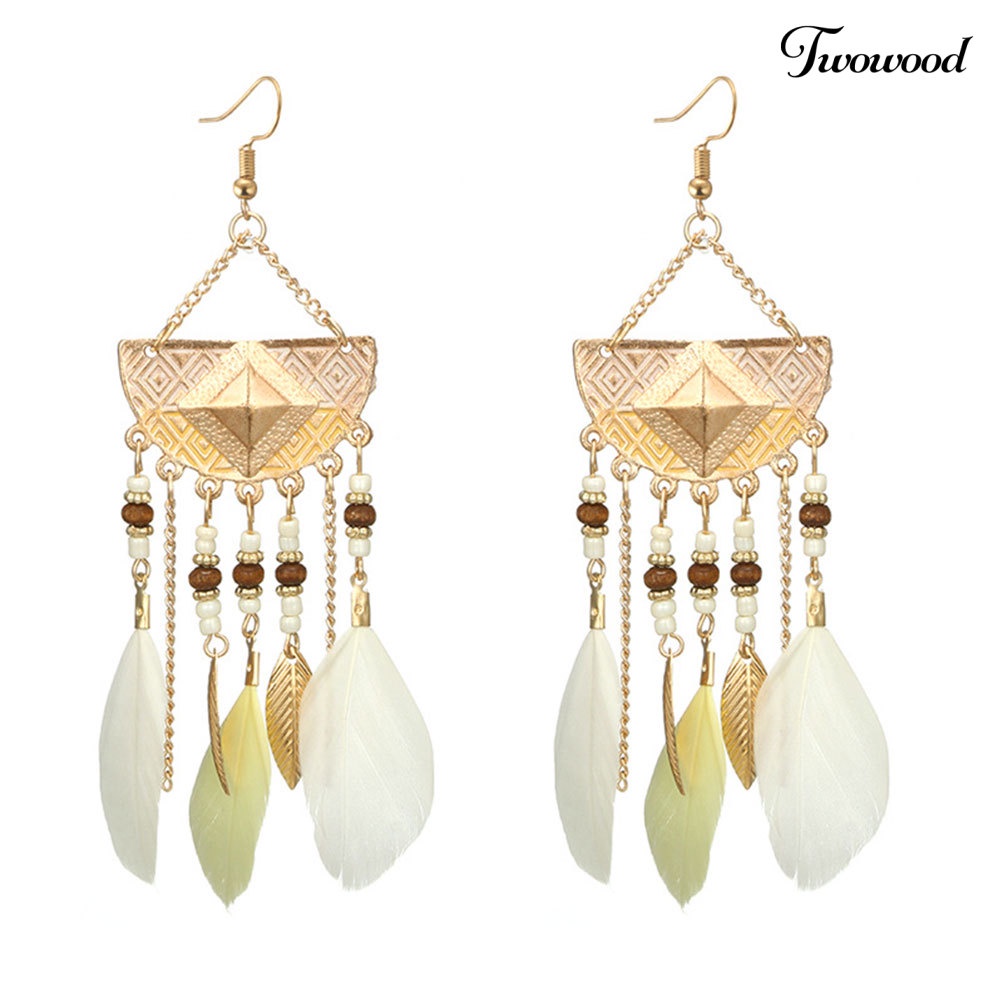 Twowood Boho Geometris Bentuk Kipas Rumbai Manik-Manik Bulu Anting Statement Lady Ear Hooks