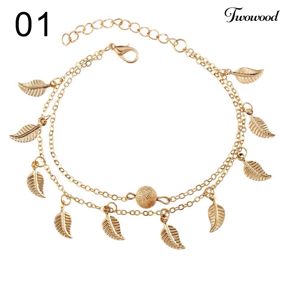 Twowood Double Layer Leaves Charm Anklet Kaki Rantai Musim Panas Wanita Sandal Ankle Bracelet