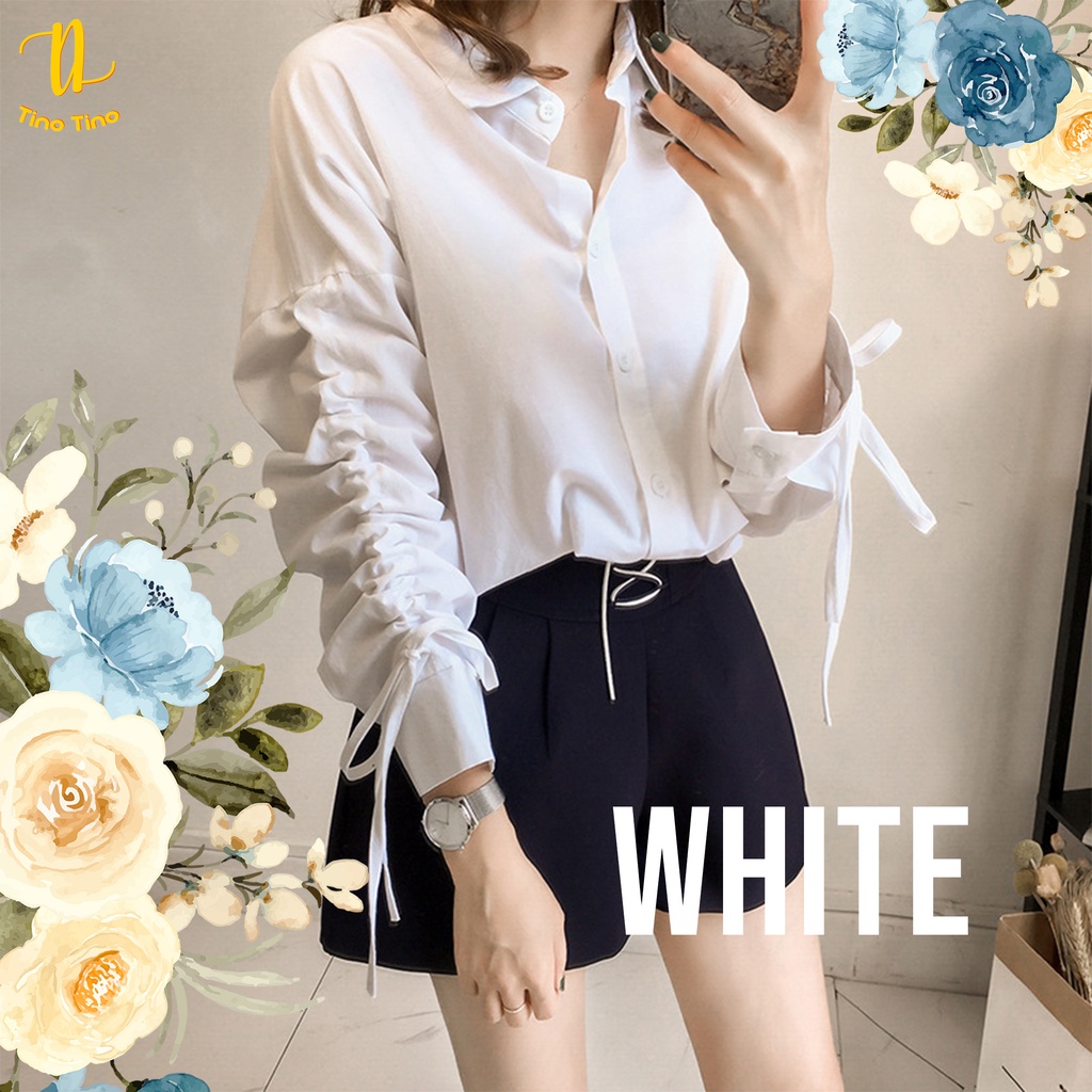 CJWT-03S TINO TINO WOMEN BLOUSE KOREAN TOP LONG SLEEVES DRAWSTRING / KEMEJA WANITA POLOS LENGAN PANJANG SERUT KASUAL