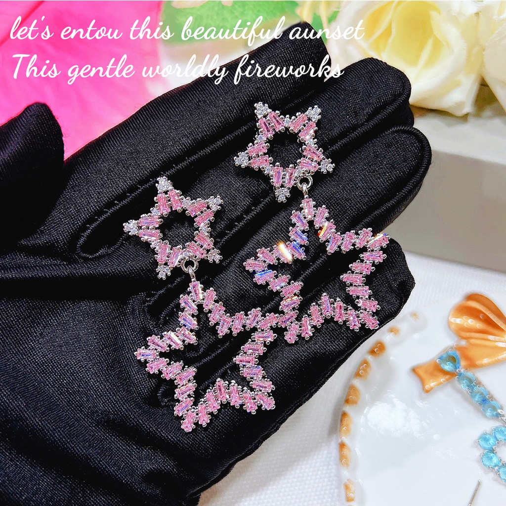 Goldkingdom Aksesoris Perhiasan Fashion Ready Stock T Square Pink Star Shaped Earrings Anting Pejantan Berlian Merah Muda Panjang