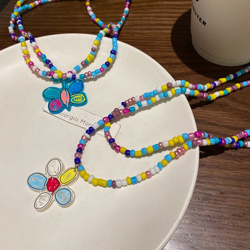 Roselife Y2K Double Layer Colorful Beads Chain Butterfly Sunflower Pendant Kalung Untuk Wanita Perempuan Musim Panas Fashion Rainbow Butterfly Floral Necklaces Liburan Perhiasan