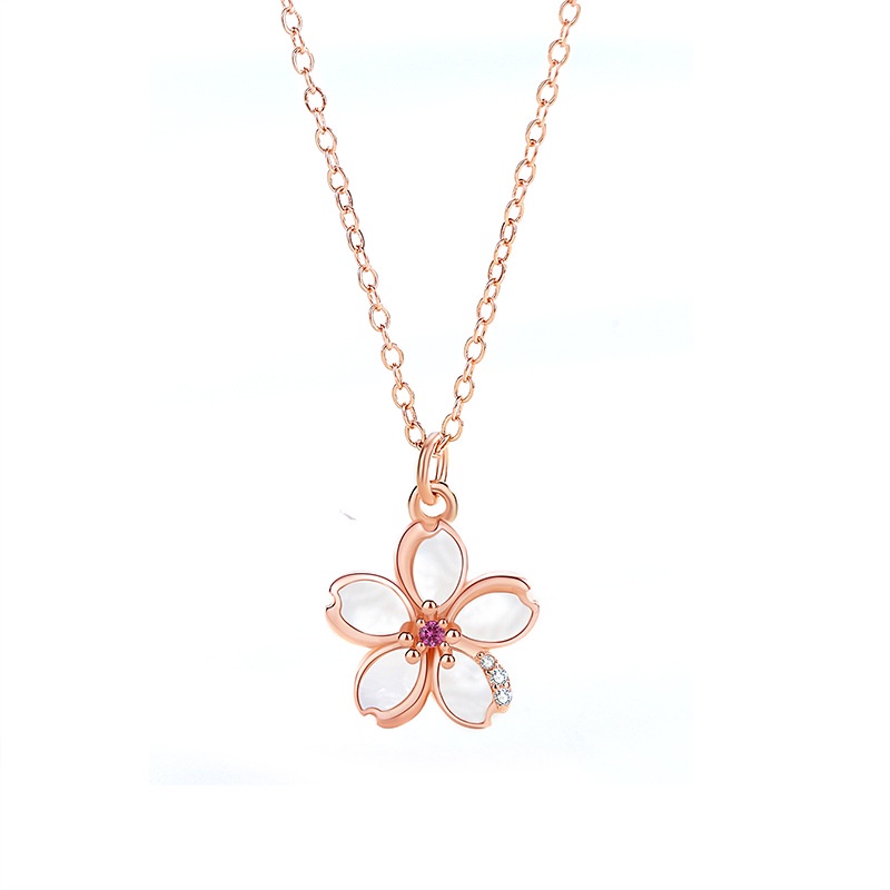 Cherry Blossom Kalung Niche Sterling Silver Musim Panas Mori Rose Gold Ibu-Mutiara Rantai Klavikula Gadis Manis Bunga Kalung