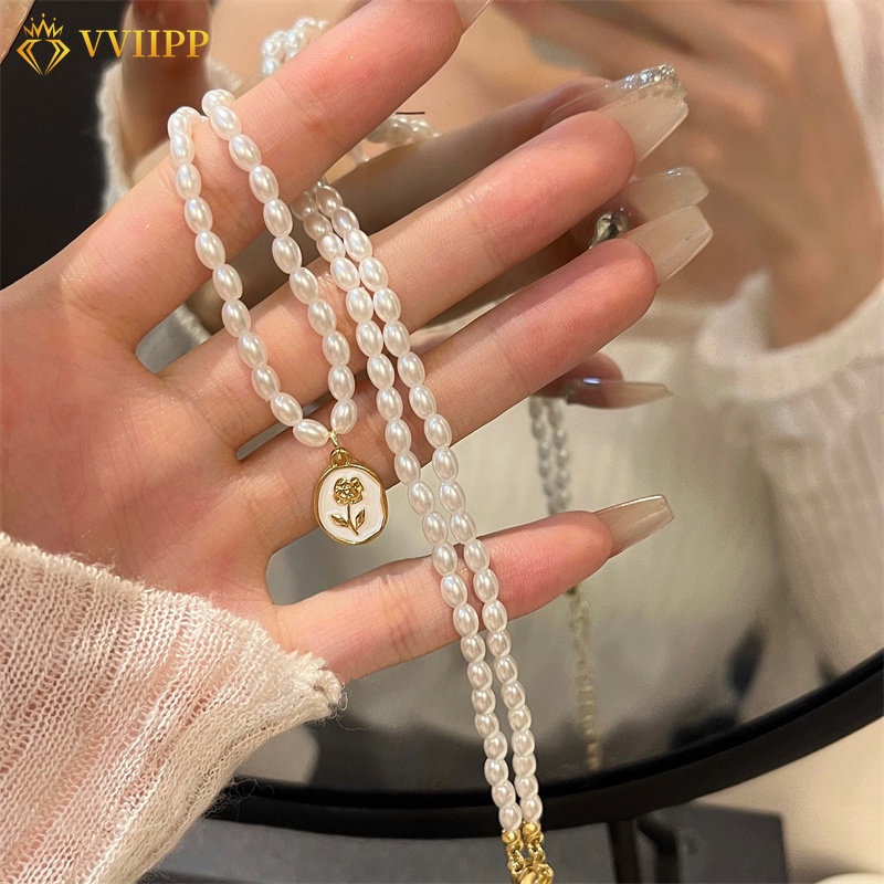 Vintage Pearl Beads Necklace Choker Rose Coin Kalung Liontin Emas Untuk Aksesoris Perhiasan Wanita