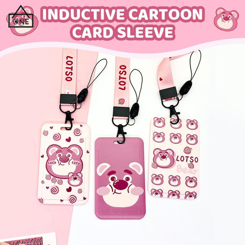 COD❤️Strawberry Bear Slid Cover Plastik Kartun Set Kartu Mahasiswa Kampus Kartu Tali Panjang Pelindung-A.one