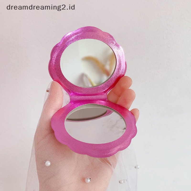 (drea) Cermin Kosmetik Ringkas Bentuk Kerang Laut Bahan Kulit PU Kaca Pembesar Makeup Dua Sisi//