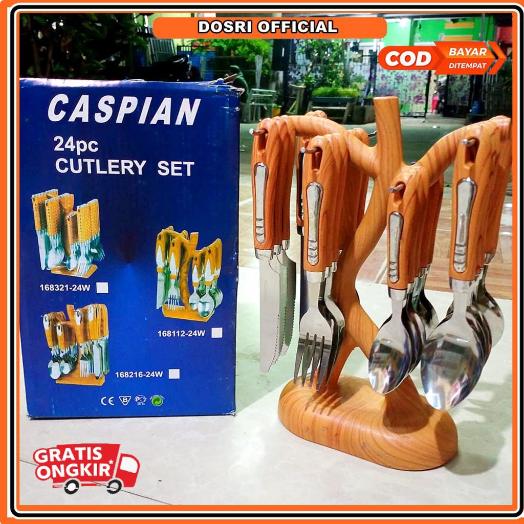 Sendok Set Garpu Makan CASPIAN Bentuk Pohon Motif Kayu Isi 24Pcs