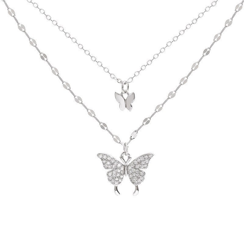 Ins Korea Double-layer Butterfly Necklace Bling Musim Panas Kalung Choker Rantai Tulang Selangka