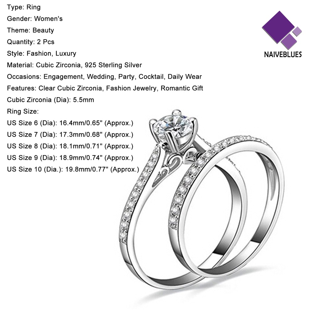 &lt; Naiveblues &gt; 2Pcs/Set Cincin Shiny Cubic Zirconia Plated Silver Cincin Pasangan Romantis Untuk