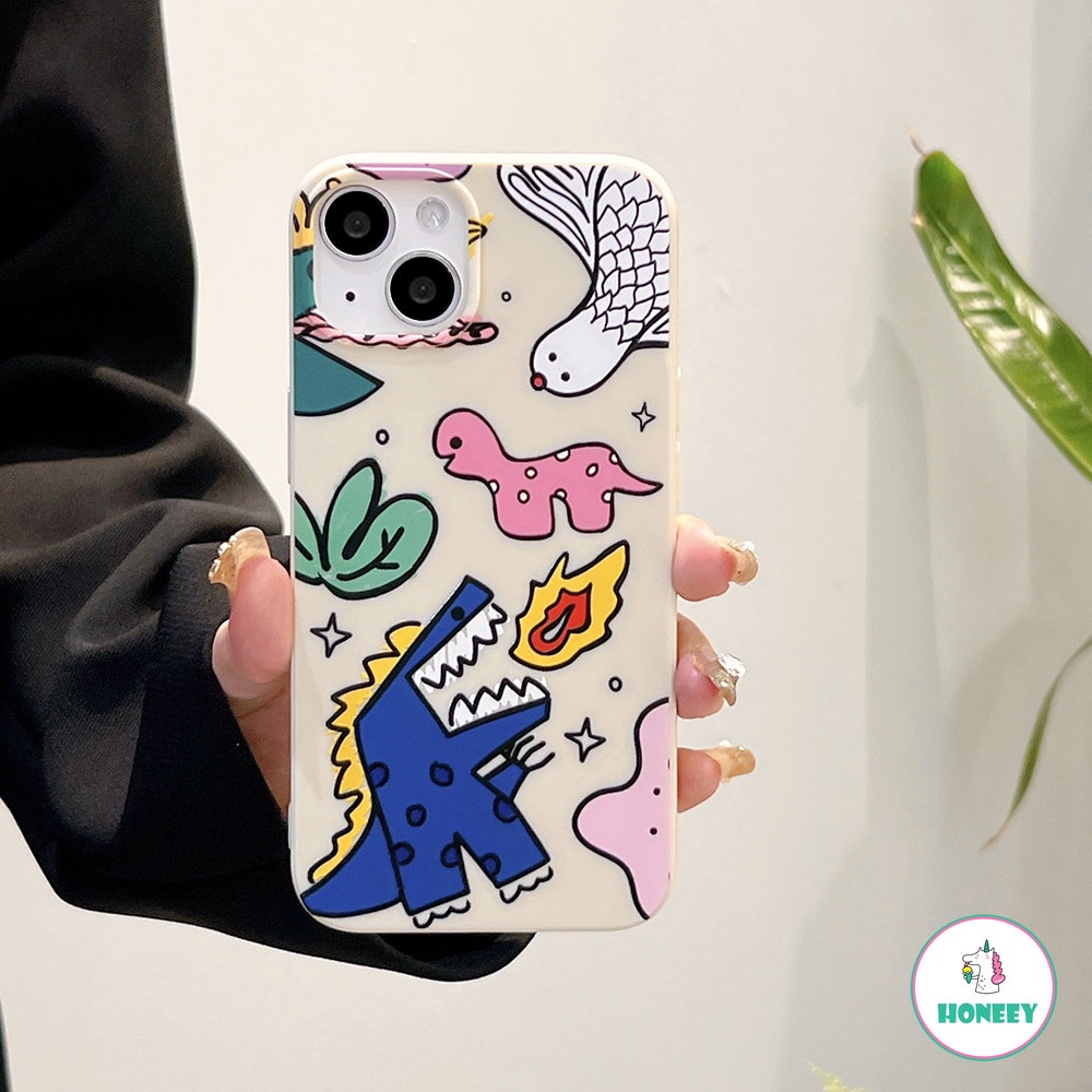 IPHONE Casing Ponsel Dinosaurus Hewan Lucu Untuk Iphone13 12 11 14 Pro Max XR Xs7 8 Plus Fashion Graffiti Silikon Penutup Belakang