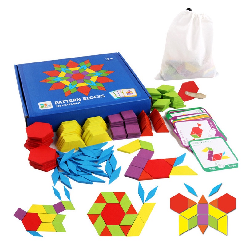 155pcs Set Blok Pola Kayu Anak Bentuk Geometris Mainan Puzzle Montessori Edukasi Dini Tangram Mainan