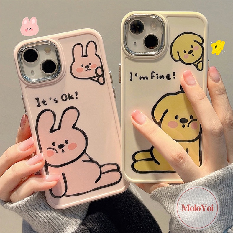 IPHONE Lukisan Cat Minyak Mewah Lucu Anjing Kelinci Ponsel Case Kompatibel Untuk Iphone11 12 13 14 Pro Max7 8 Plus XR X XS MAX Pecinta Lucu Kartun Soft Plating Metal Lensa Frame Pasangan Cover