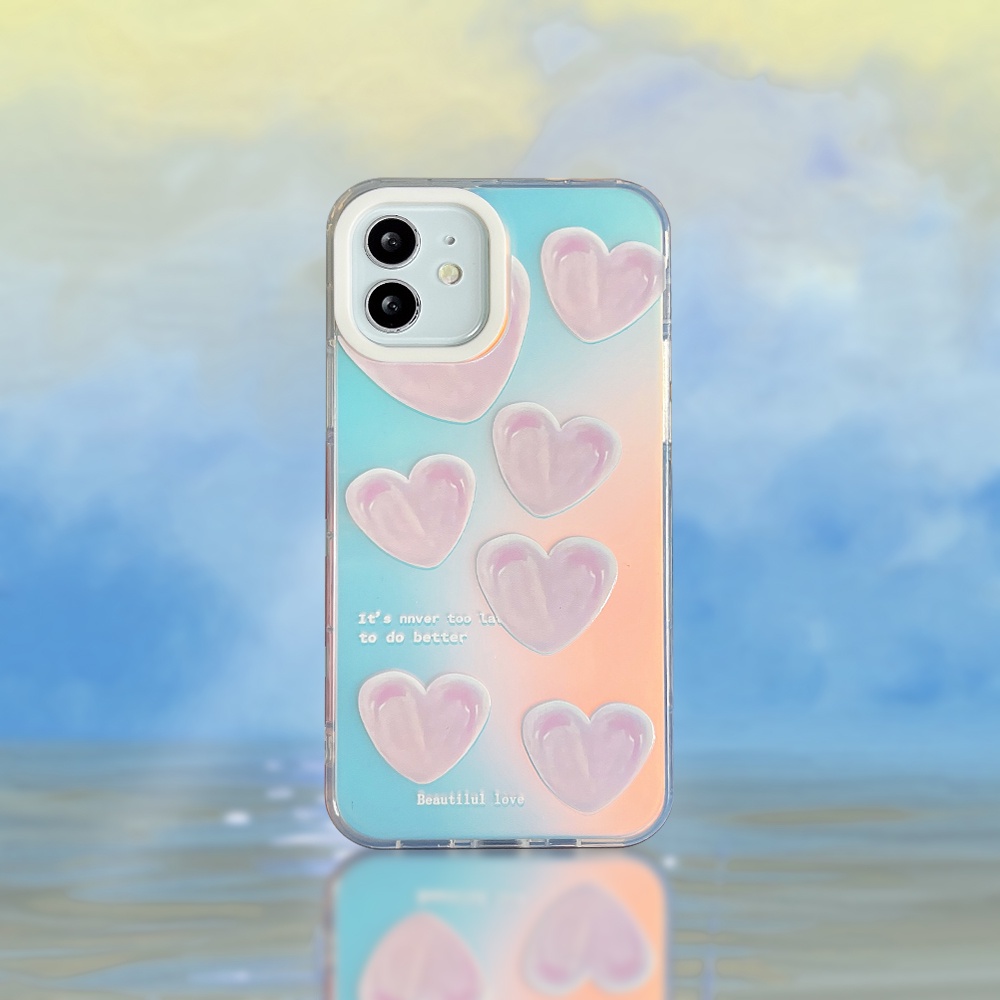 Compatible For IPhone 14 13 12 11 Pro Max X XR Xs Max 8 7 Plus SE 2020 Kompatibel Untuk Cinta Hati Yang Indah IMD Gradiasi Laser Casing Ponsel TPU Lembut Shockproof Cover Pelindung