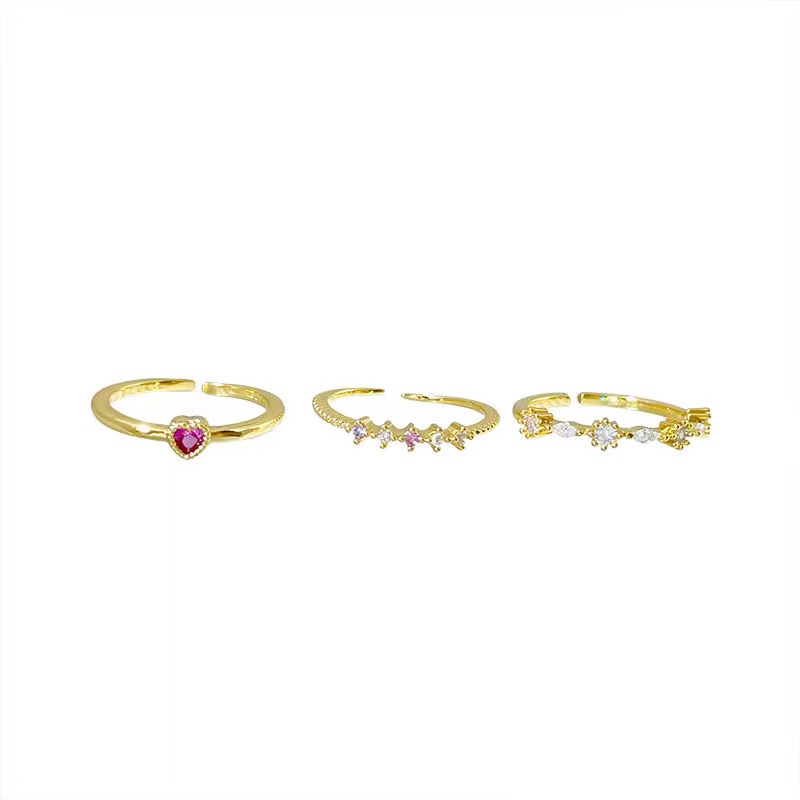 Ifyou 3Pcs/Set Vintage Zirkon Jantung Cincin Set Kristal Emas Cincin Untuk Wanita Perhiasan Aksesoris