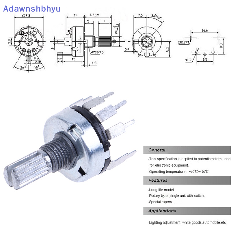 Adhyu 5Pcs RV17 Dengan Potensio Saklar B1K 2K 5K 10K 20K 50K Handle Panjang 15mm 5Pin Switch Karbon Film Potensiometer ID