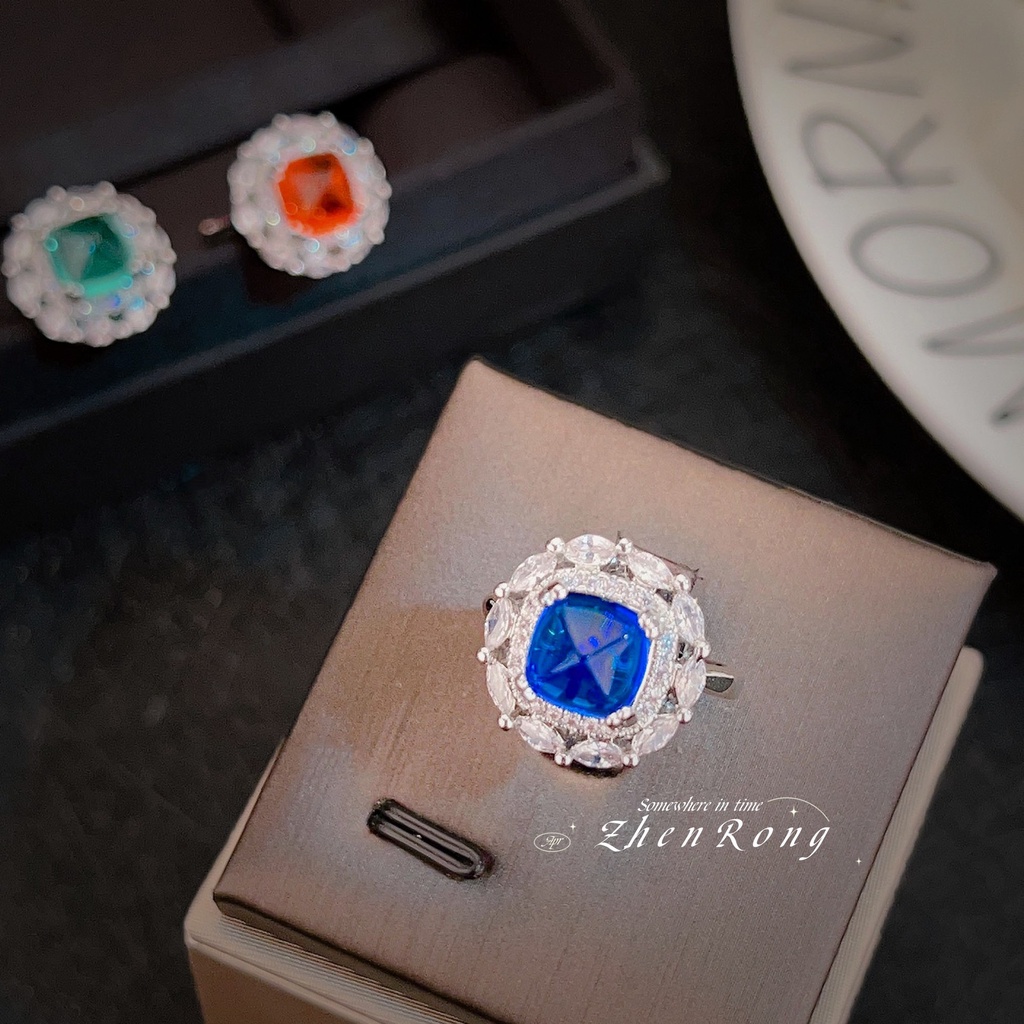 Goldkingdom Fashion Perhiasan Aksesoris Ready Stock Mewah Potong Warna-Warni Jas Ruby Anting Liontin Royal Blue Emerald Ring Female