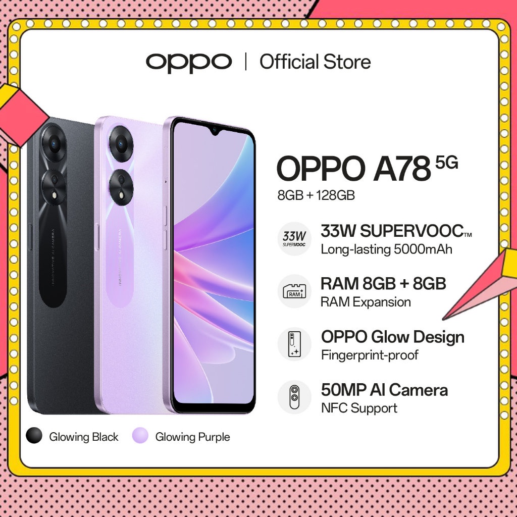 OPPO A78 5G 8GB/128GB [33W SUPERVOOC+5000mAh Battery, RAM 8GB+8GB, OPPO Glow Design, NFC Support]