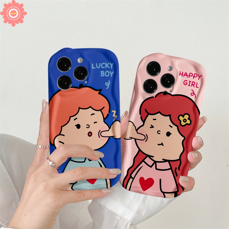 Couple Lucu Kartun Lucky Boy Girl Lovers Case Untuk Realme C53 C35 C12 C31 C21Y C11 C25Y C20 C33 C25s C30 C15 C21 C25 C55 5 9i 5i 7i 6i 5s C20A C3 C17 Lembut 3D Bergelombang Lengkung Penutup Tepi