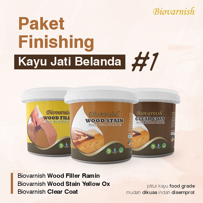 Paket Cat Plitur Kayu Jati Belanda | Biovarnish Wood Filler | Woodstain | Clear Coat