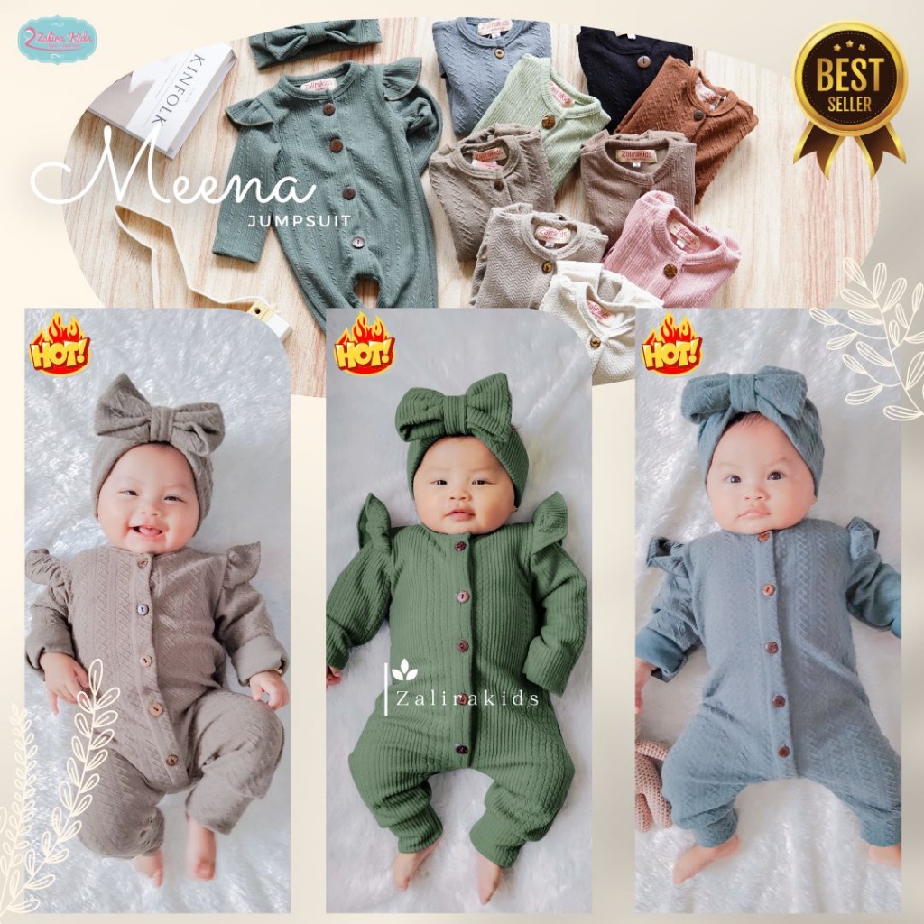 Jumpsuit Jumper Bayi Perempuan Newborn - 2 Tahun Zalira Meena Seies 0 6 Bulan 6 12 Bulan 1 2 Tahun Premium Set Bandana Pita