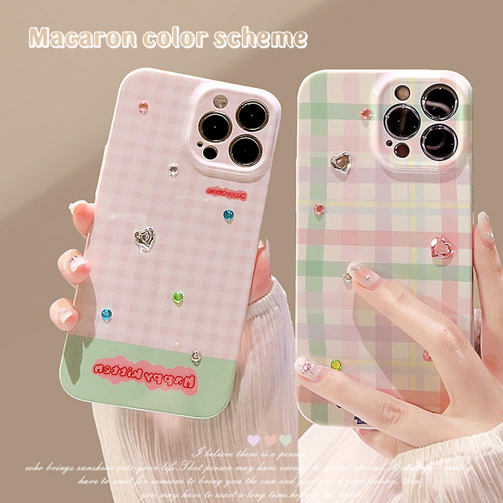 Ins Pink Green Grid Dengan Berlian Berwarna Hard Shell Film Fotografi Case Untuk Iphone SE2020 7/8 Plus 14xx XR XM 11 12 13 PRO MAX Casing Cover Pelindung AT0361