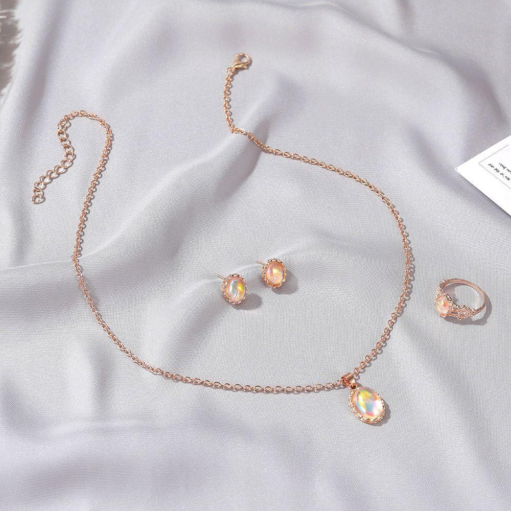 Needway   Opal Set Perhiasan Pernikahan Elegan Cheongsam Kepribadian Rantai Leher Temperamen Wanita Kalung Cincin Set