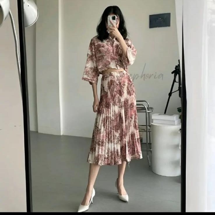 BEFAST - ZEC OOTD WANITA SETELAN SYILA / One Set Wanita Nature Korean Vintage / ONE SET BAJU WANITA FLORAL NATUR / SET FUJISet Atasan Kemeja Crop+Rok Midi Plisket / Fashion Kekinian Remaja ABG Trendy / Oneset Model Terbaru