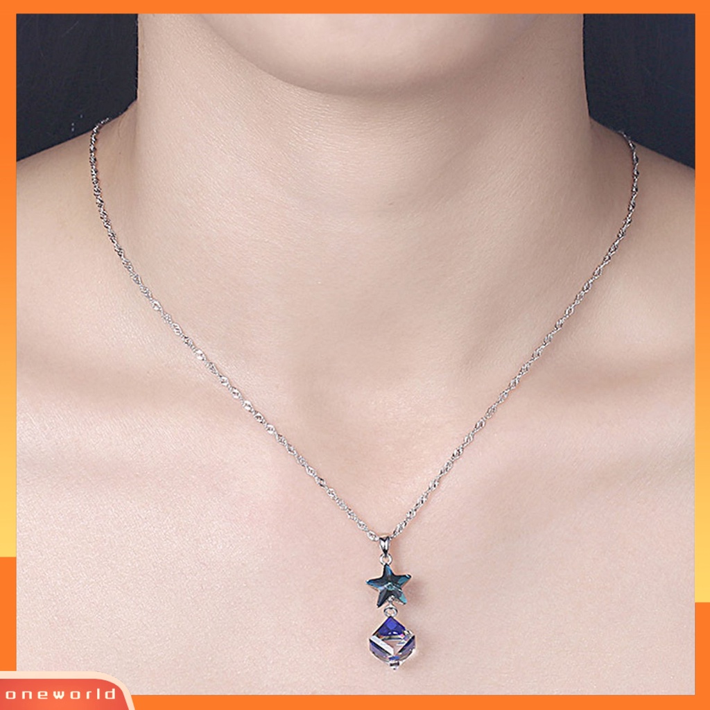 [ONE] Silverhoo Wanita Kalung Liontin Bintang Perhiasan Kristal Imitasi Kotak Biru Tahan Lama Choker Necklace Untuk Pernikahan